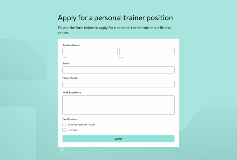 Personal Trainer Job Application Form Template – Woorise
