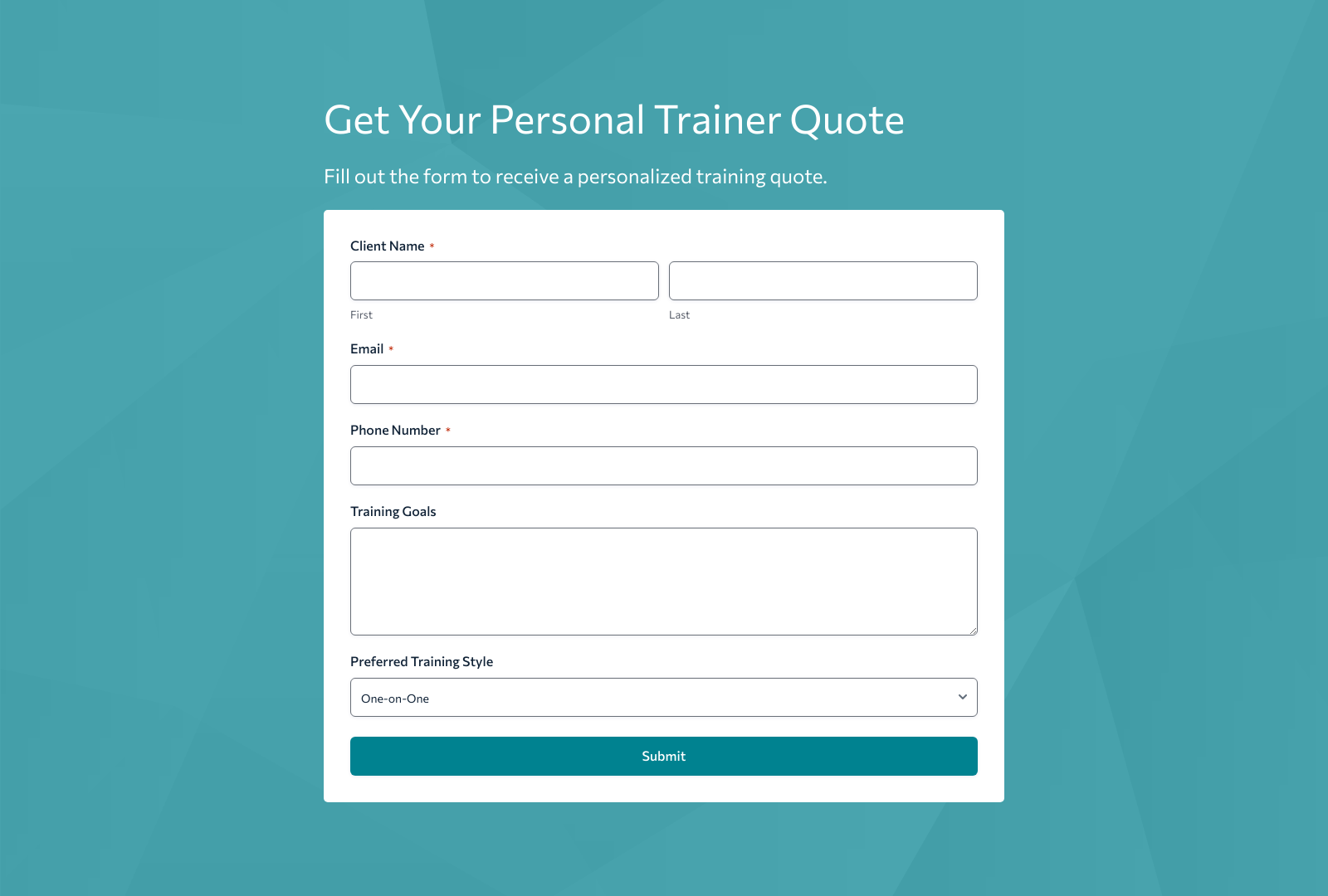 Personal Trainer Quote Form Template with fields for name, contact, and pricing options.