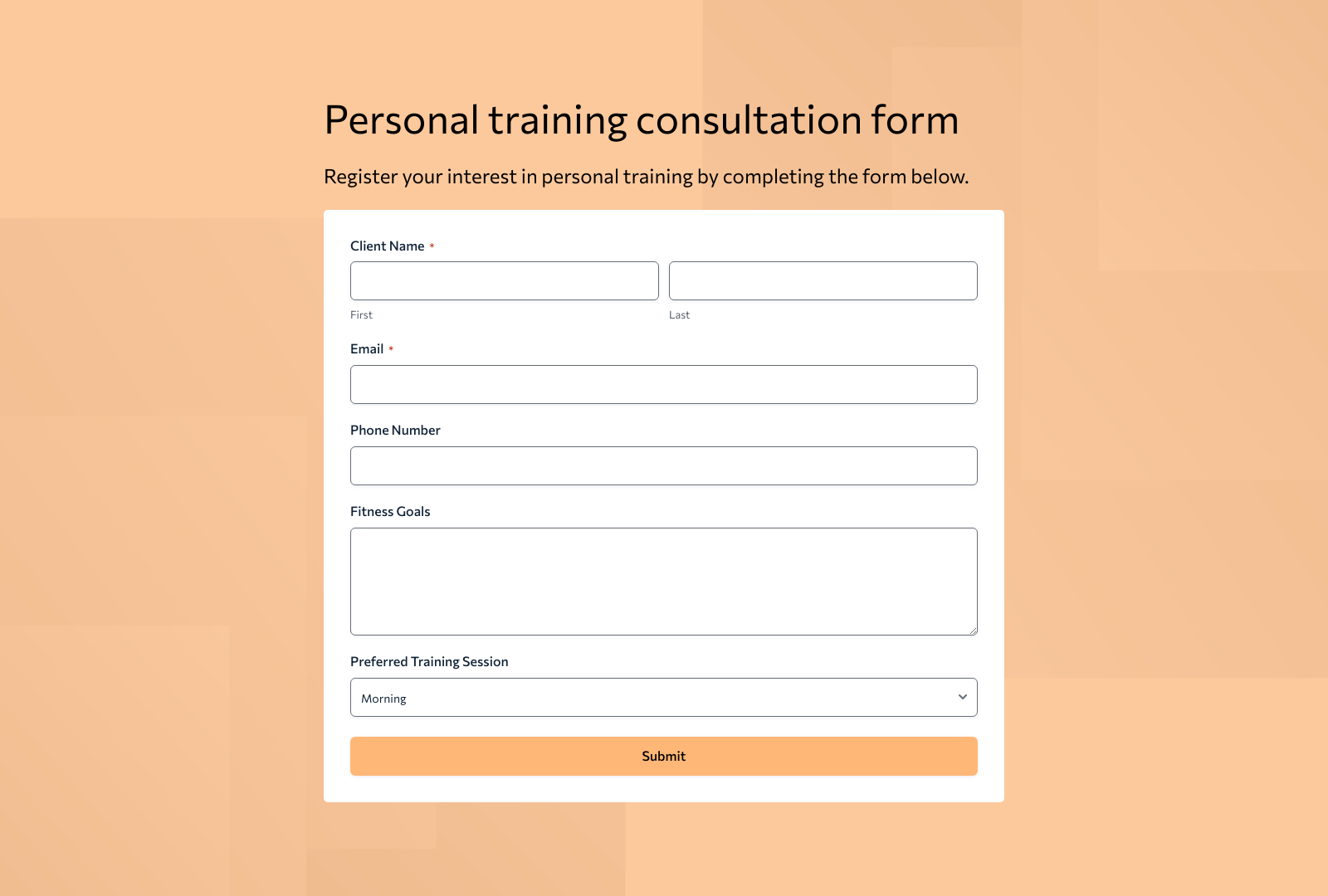Personal Training Consultation Form Template with fields for client info and fitness goals.