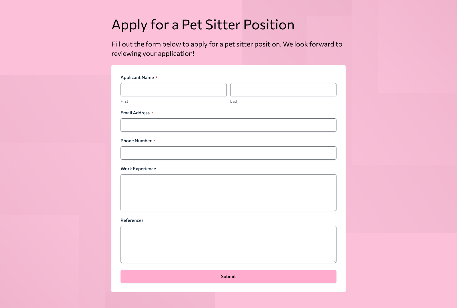Pet Sitter Job Application Form Template with fields for name, contact, and experience, plus a submit button.