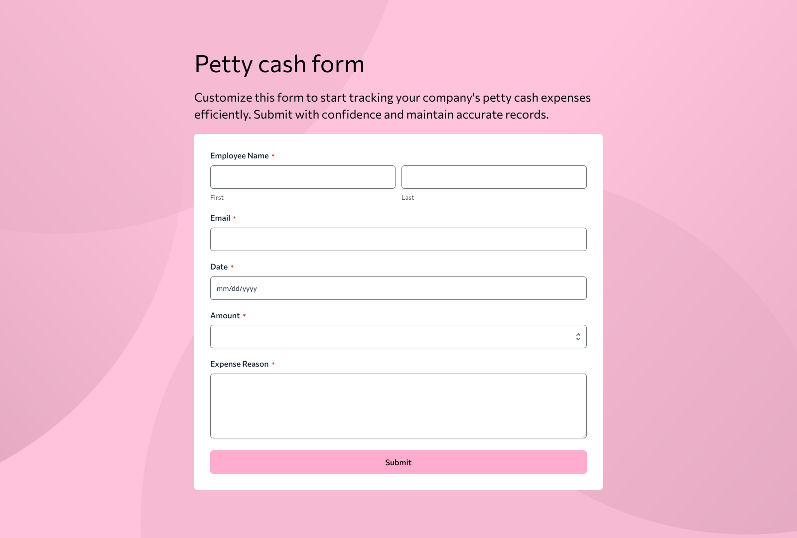 Petty Cash Form Template with fields for expense details, amounts, and approval buttons.