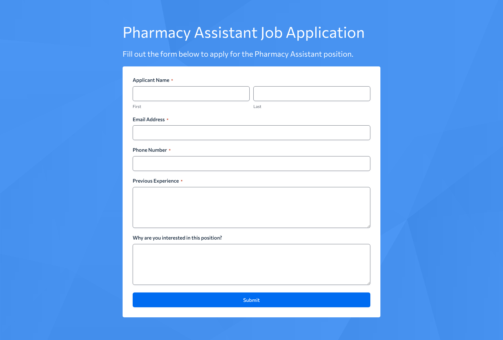 Pharmacy Assistant Job Application Form Template with fields for name, contact, experience, and submit button.