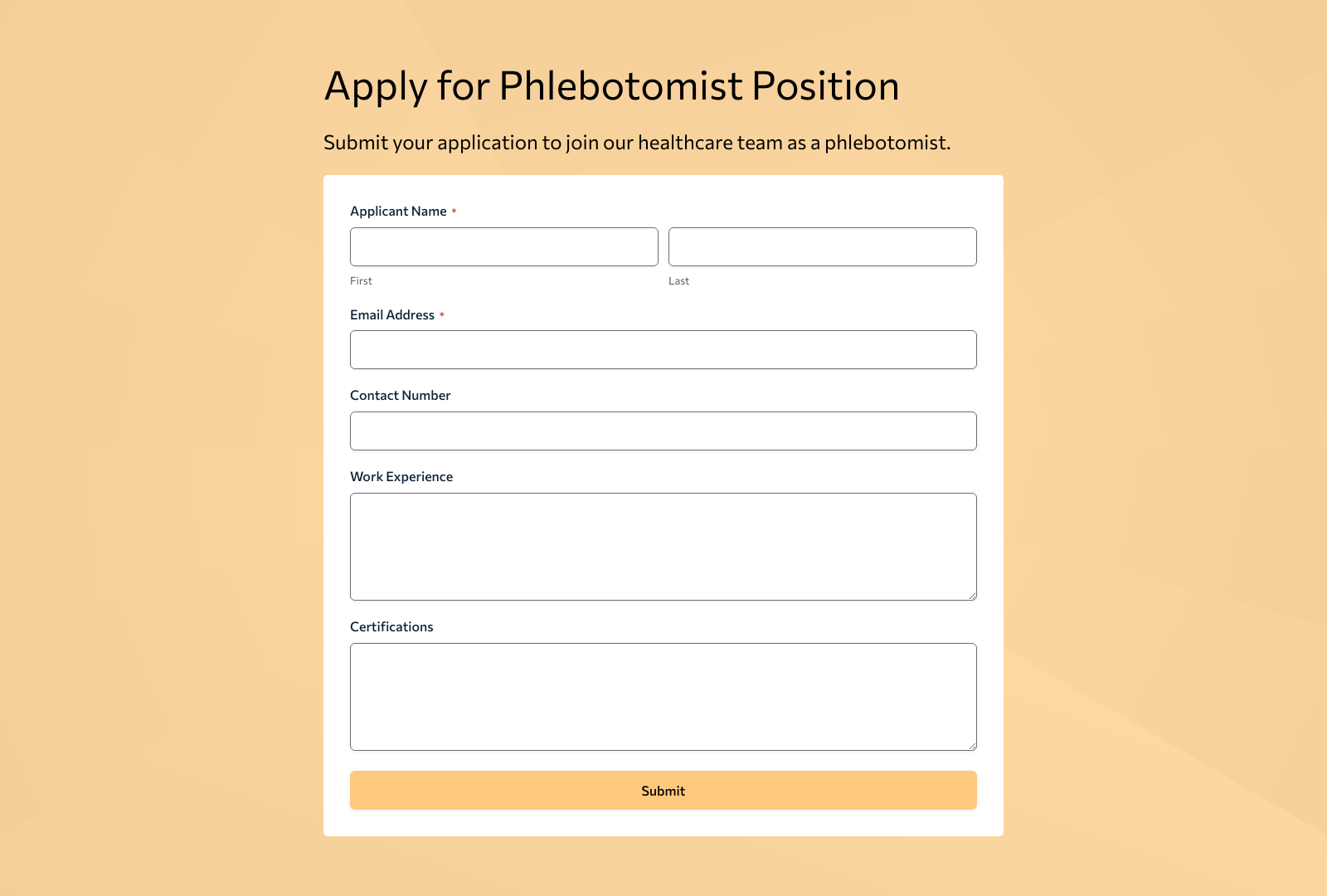 Phlebotomist Job Application Form Template with fields for name, contact, and qualifications.