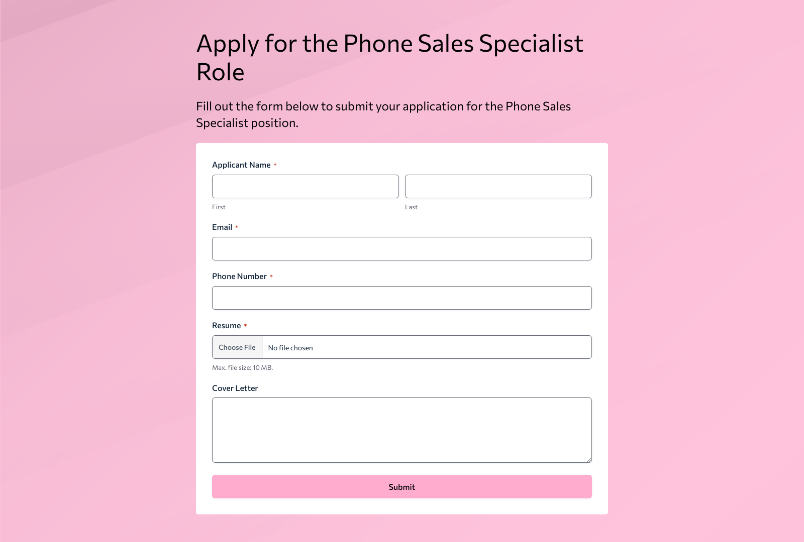Phone Sales Specialist Job Application Form with fields for personal info, experience, and submit button.