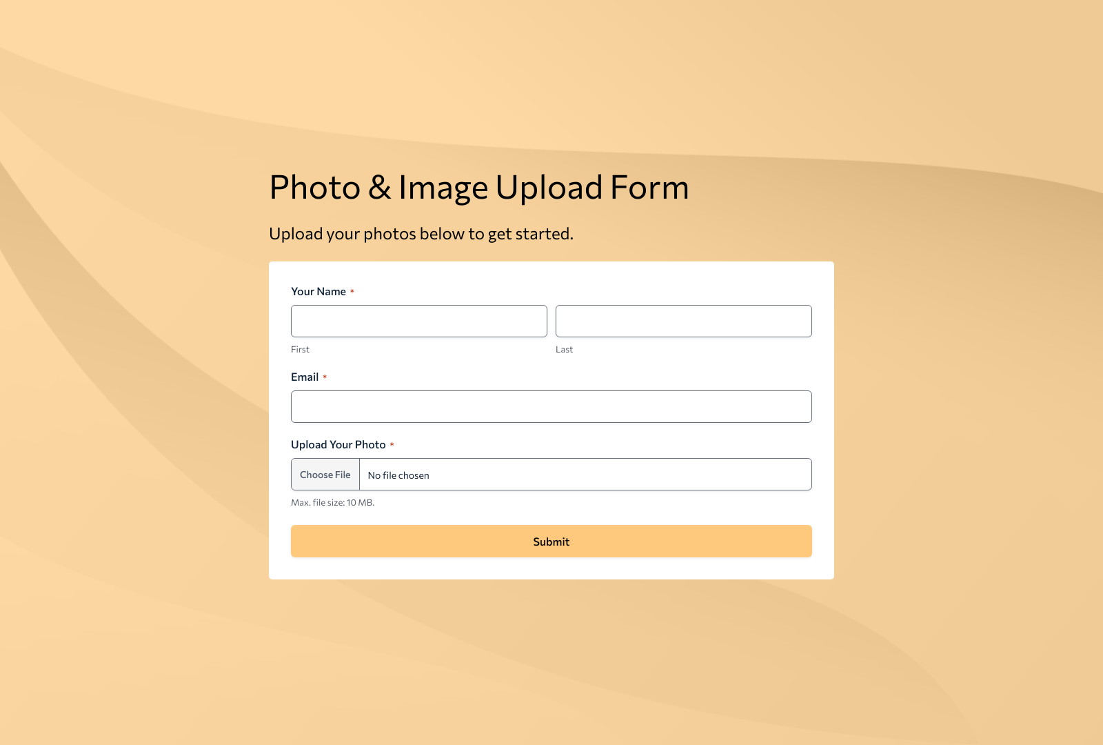 Photo & Image Upload Form Template with fields for name, email, and upload button.