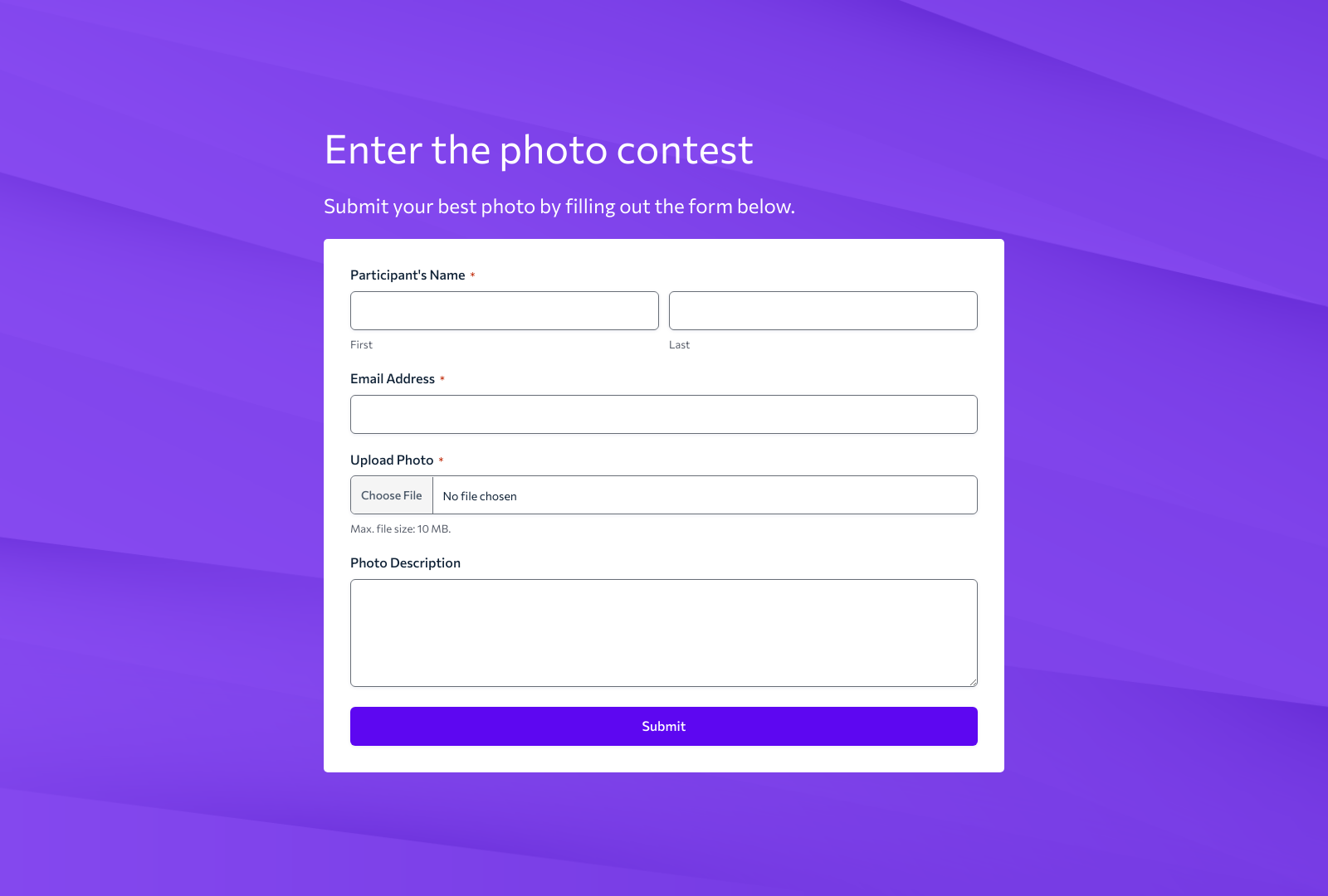 Photo Contest Entry Form Template with file upload and customizable fields.