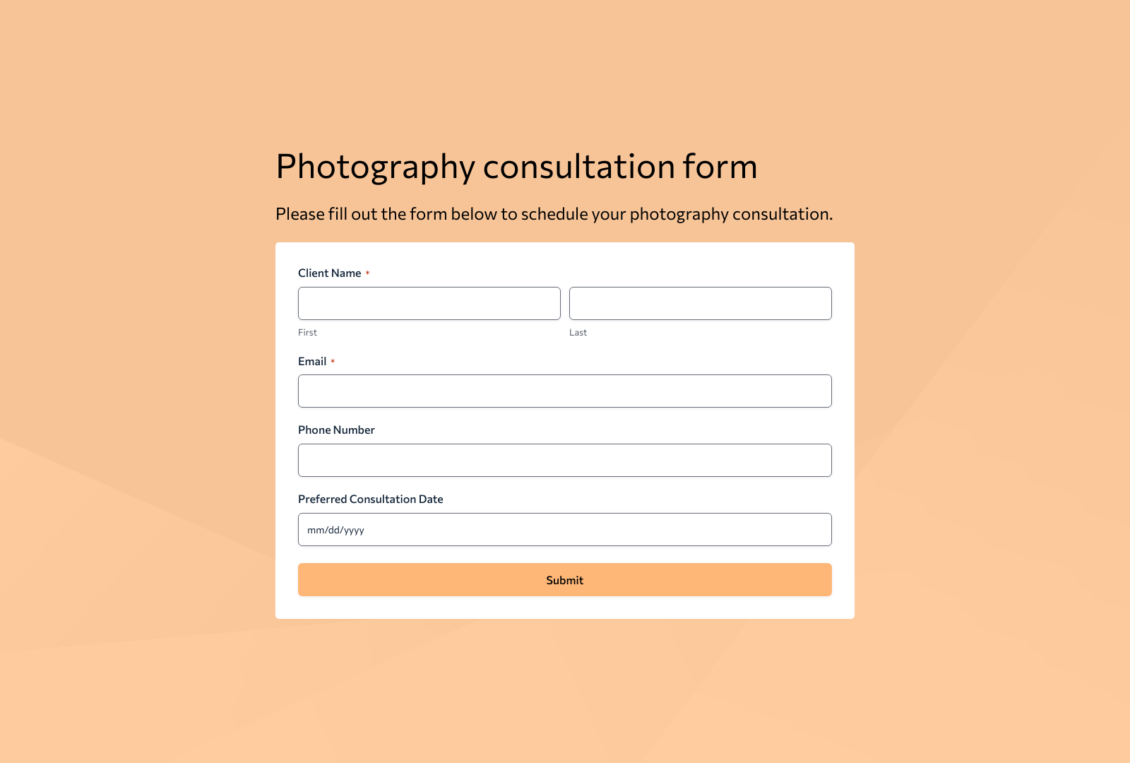Photography Consultation Form Template with fields for client details and scheduling preferences.