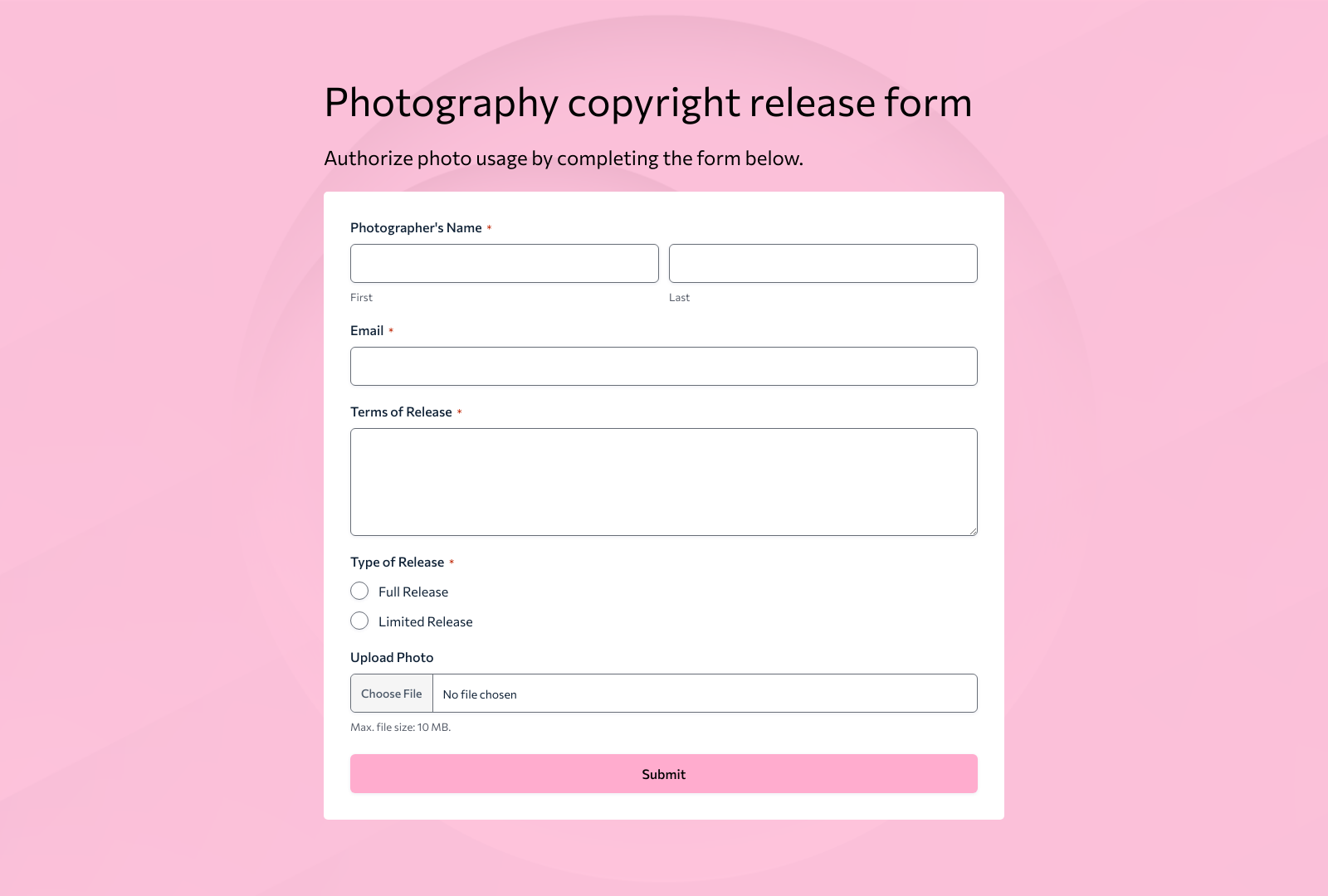 Photography Copyright Release Form Template with fields for photographer, client details, and consent checkbox.