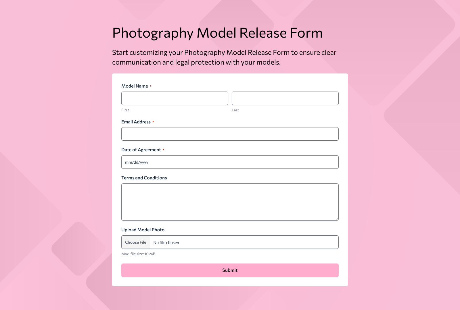 Photography Model Release Form Template with fields for model information, consent, and signature.