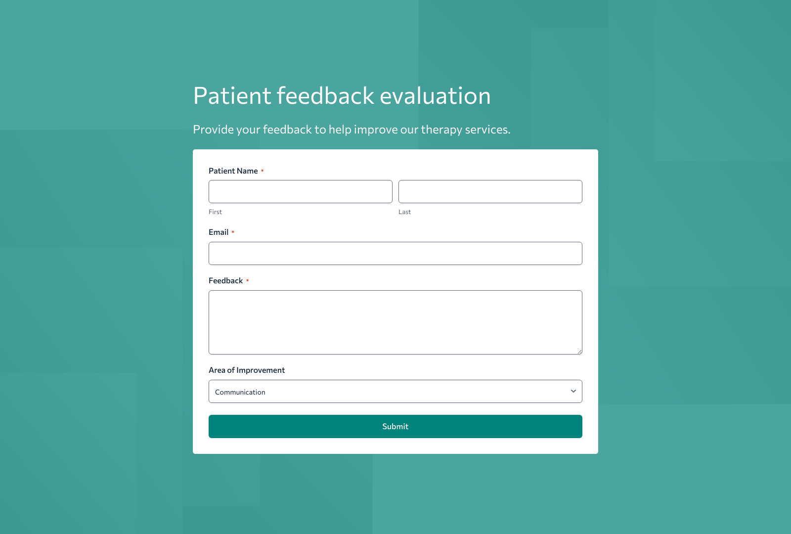 Physical Therapist Evaluation Form Template with fields for patient feedback and buttons for submission.