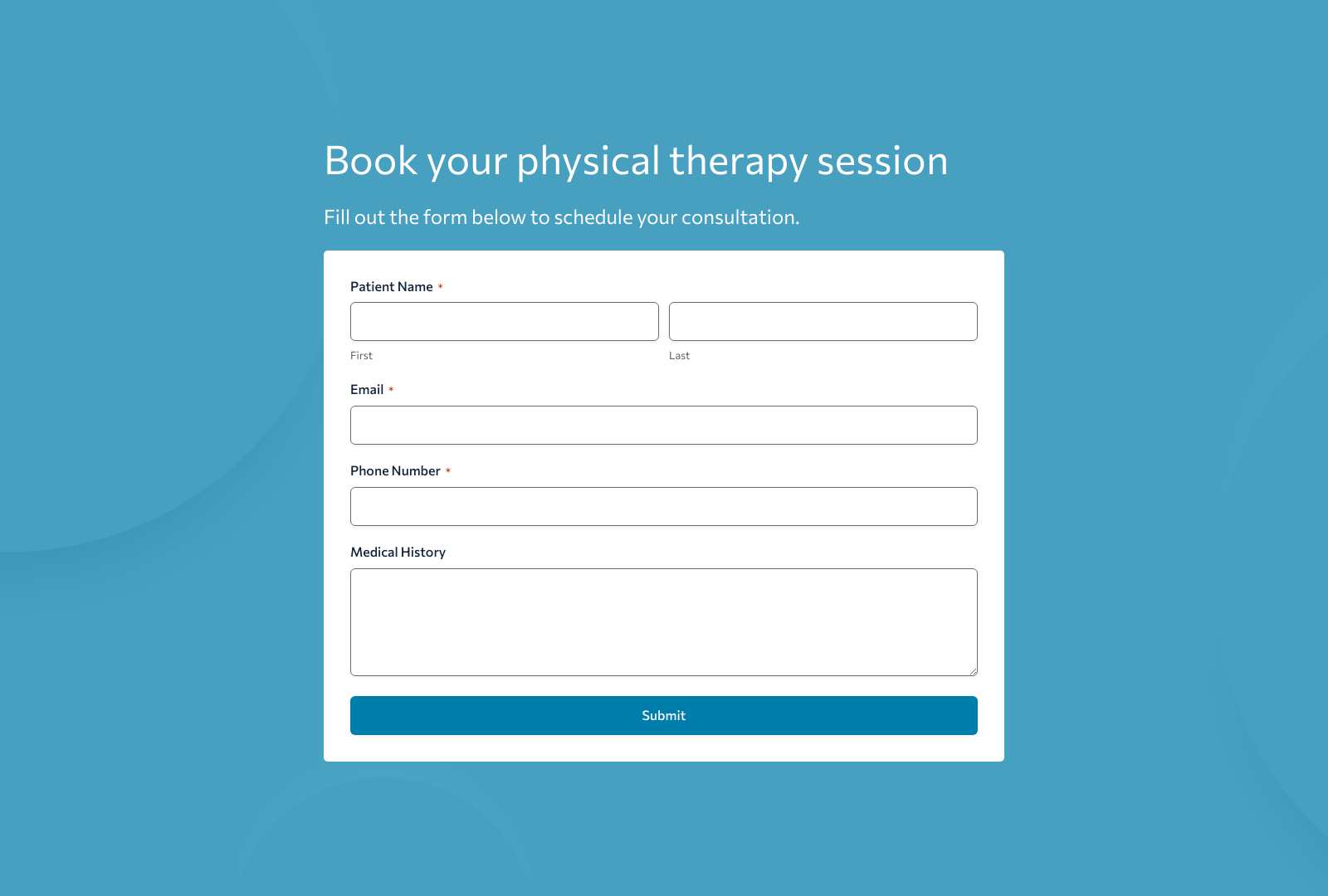 Physical Therapy Consultation Form Template with fields for client details and consultation preferences.