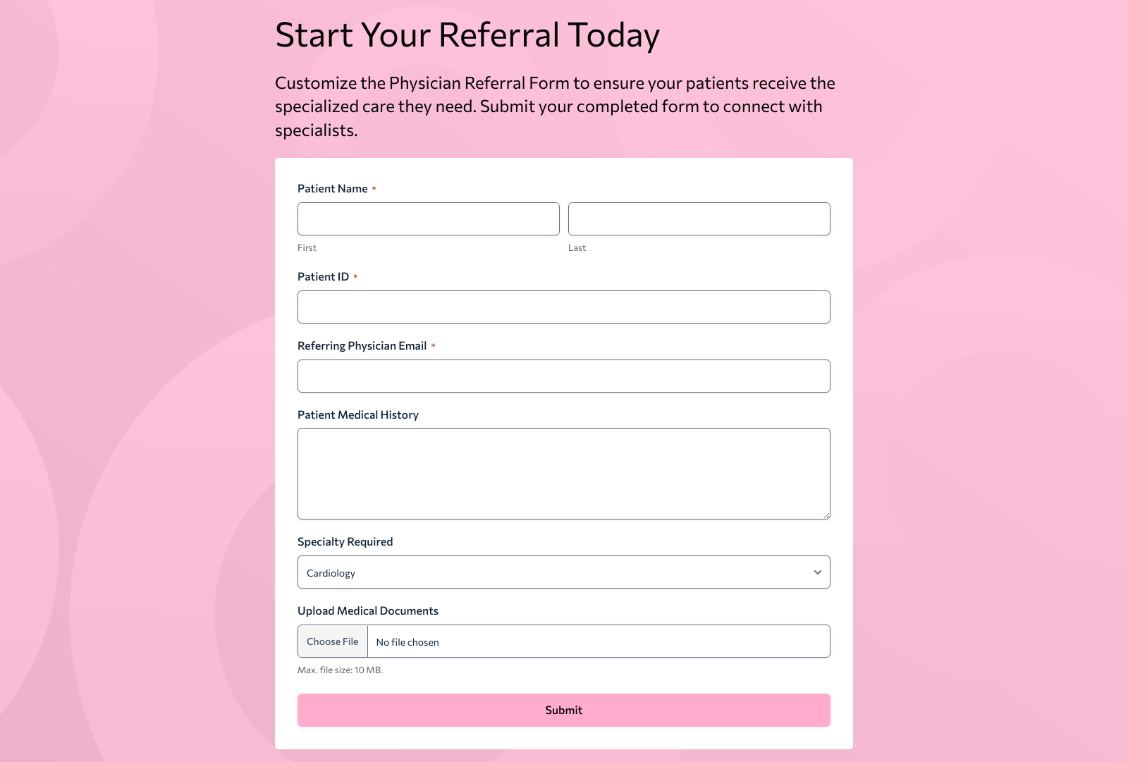 Physician Referral Form Template with fields for patient info, physician details, and referral notes.