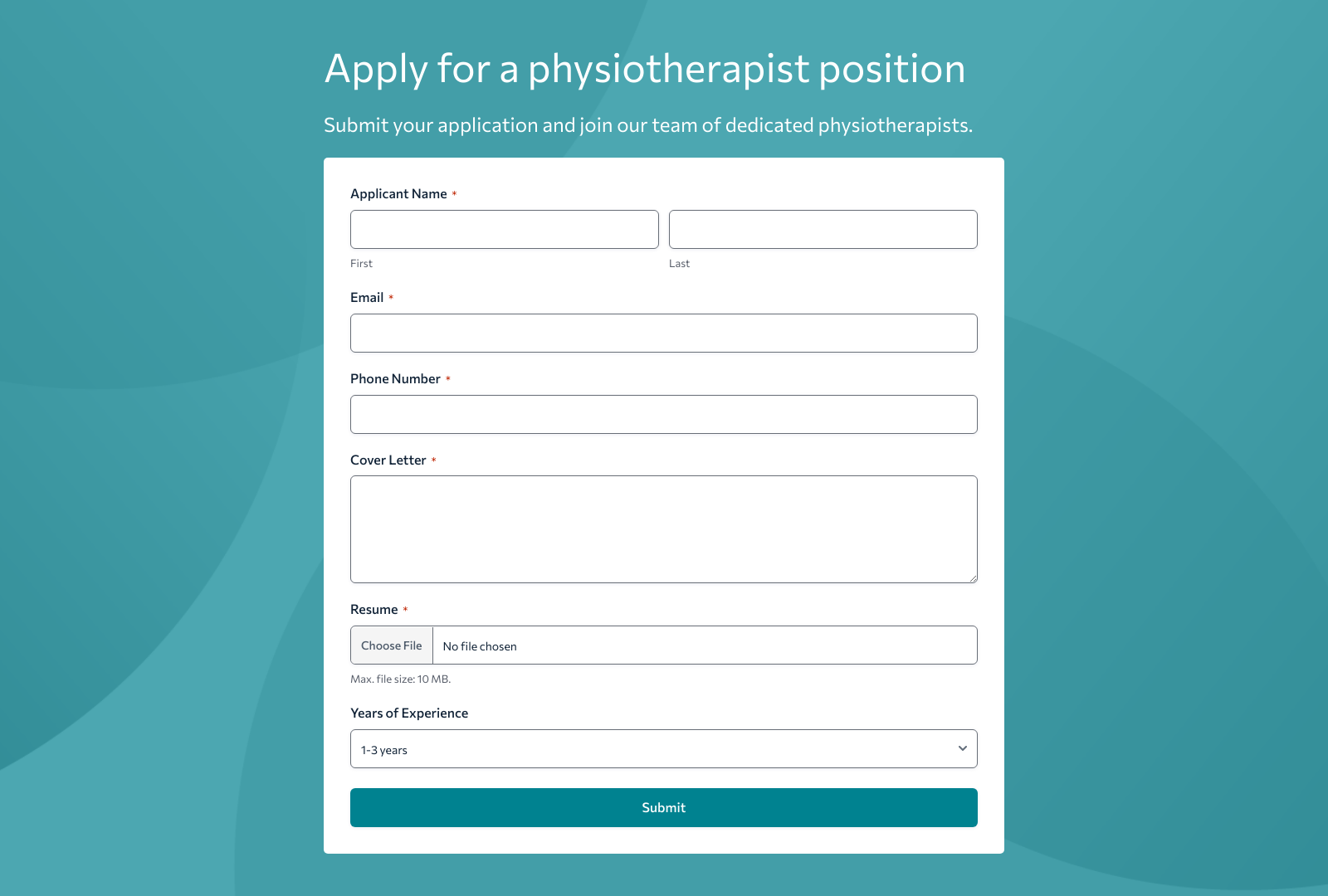 Physiotherapist Job Application Form with fields for name, contact, qualifications, and experience.