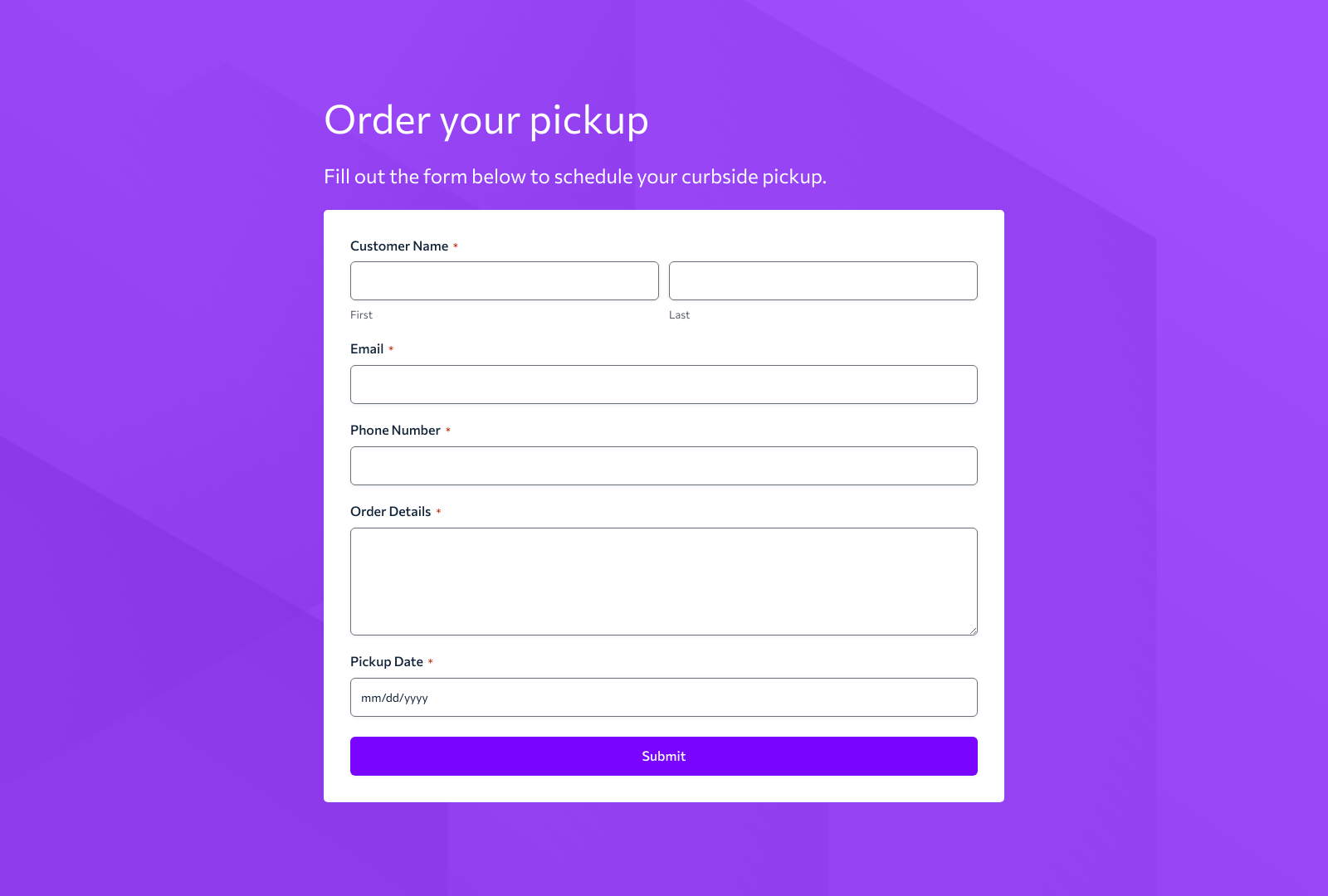 Pickup Form Template with fields for order details and customer information, featuring submit button for efficient processing.