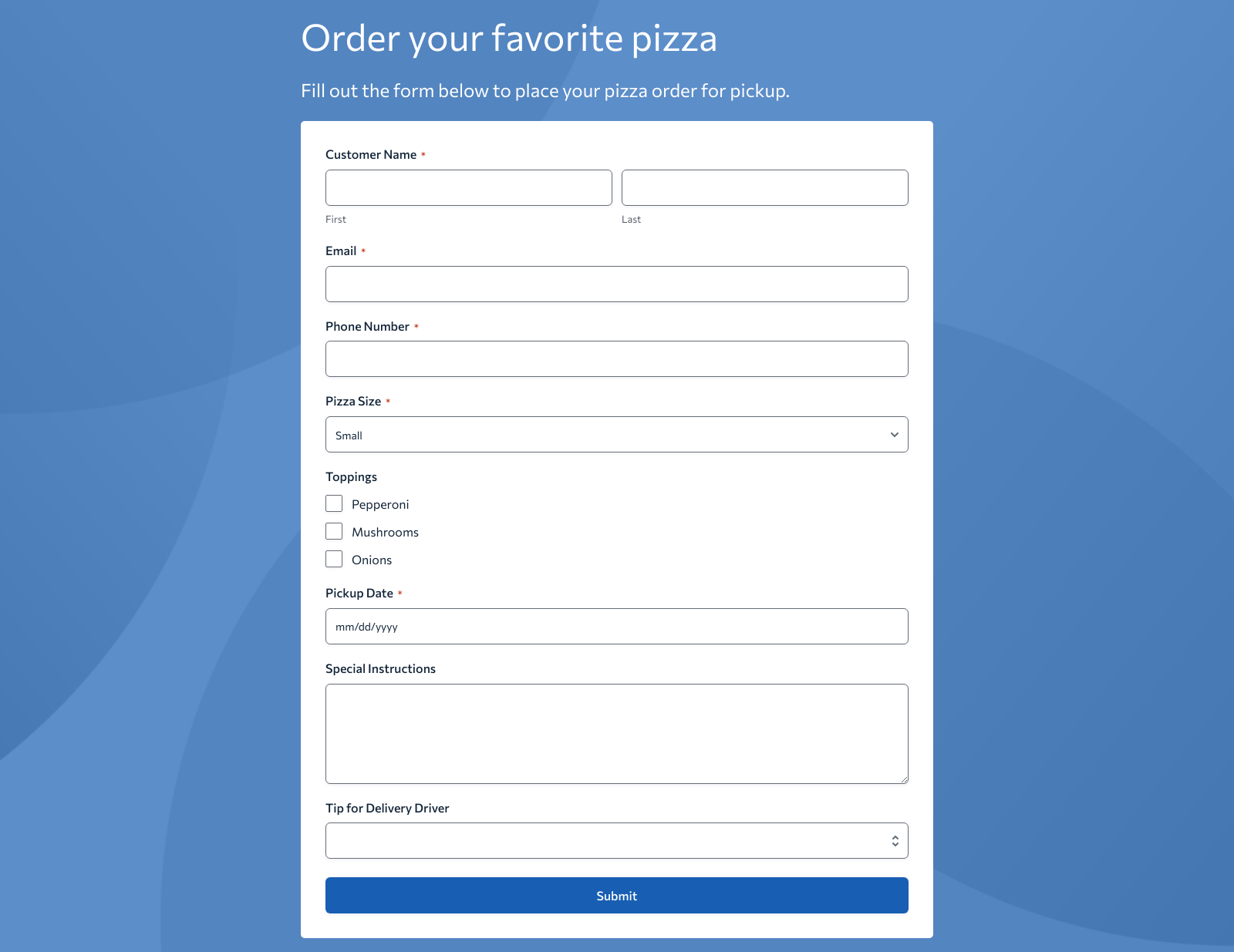 Pizza Order Form Template with fields for toppings, size, and contact details, plus submit button.