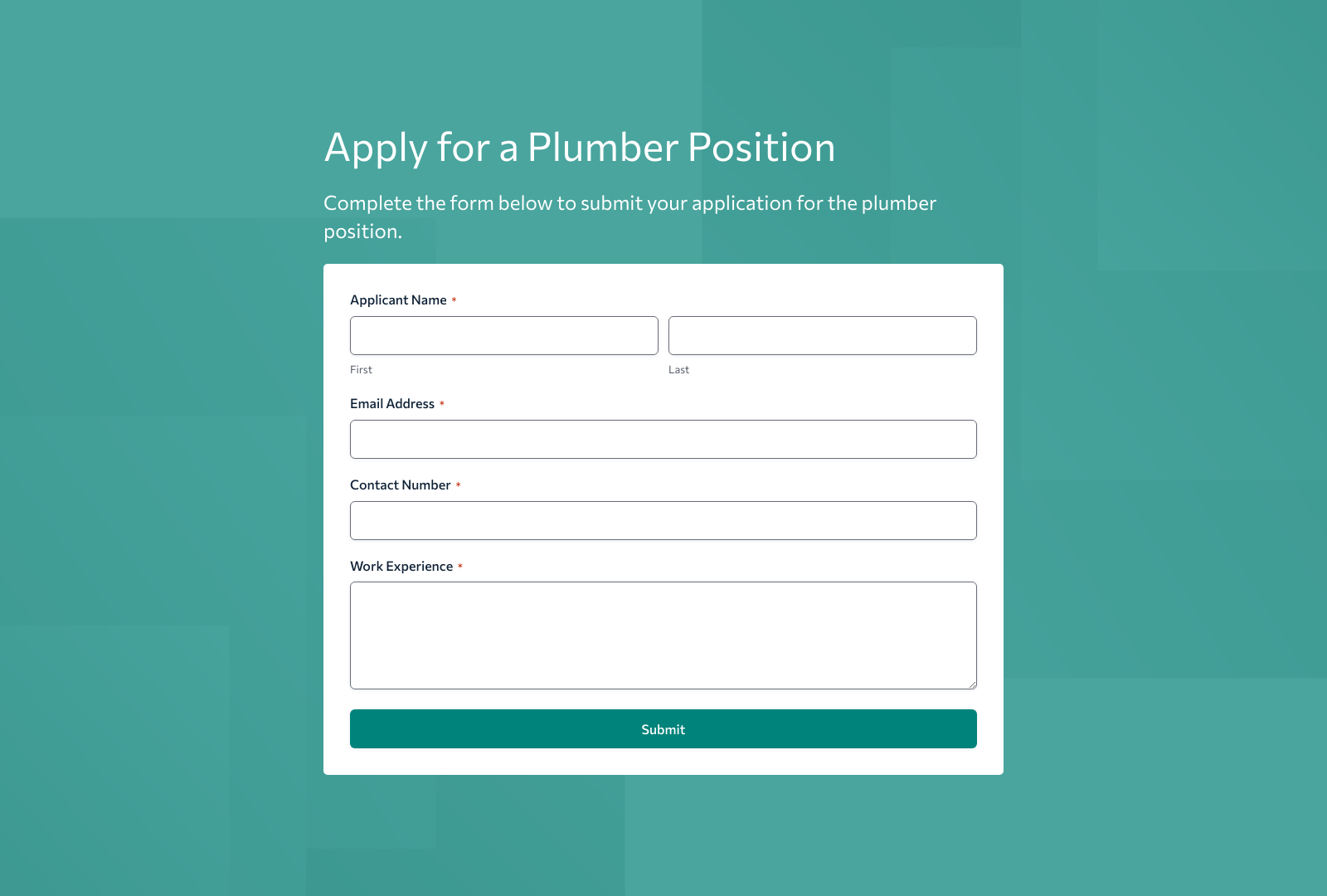 Plumber Job Application Form Template showing fields for name, contact info, and experience.