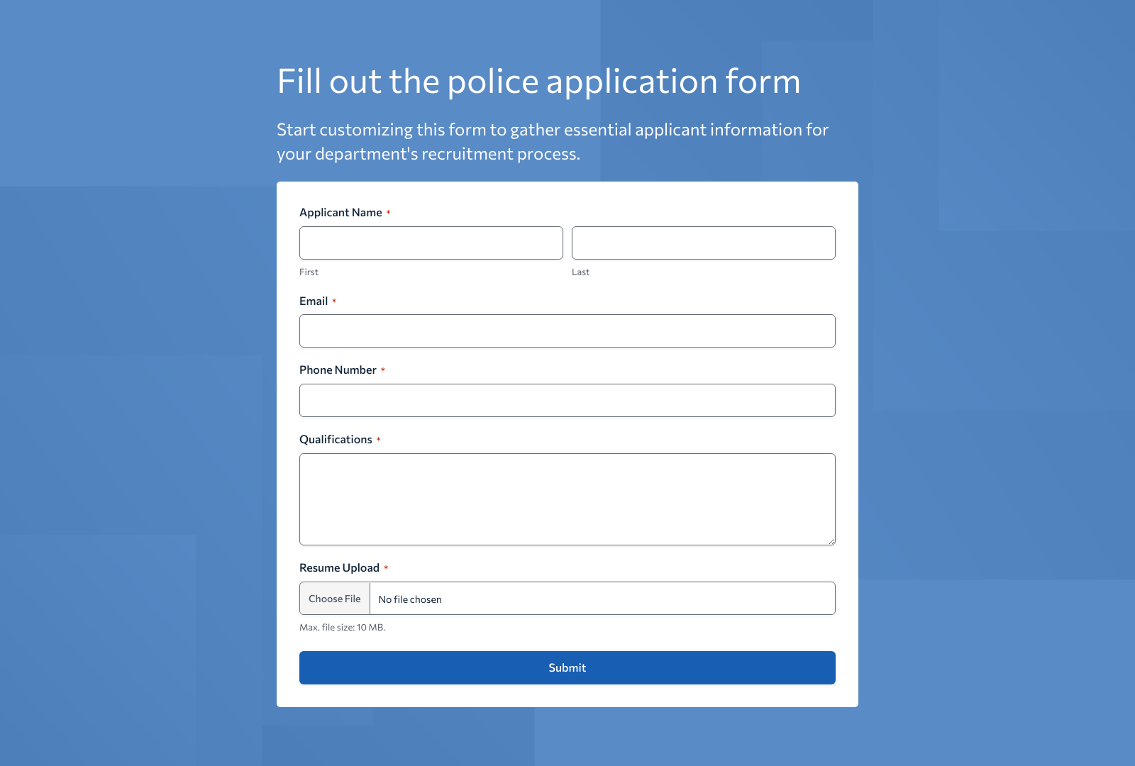 Police Application Form Template with fields for applicant info and submission button.