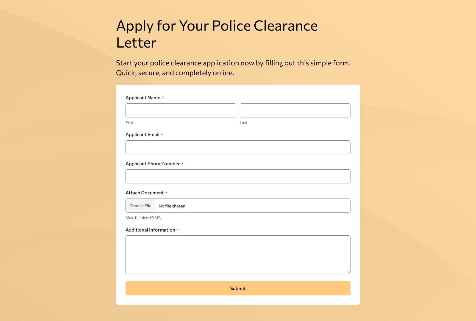 Police Clearance Form Template showing input fields for personal details and submission buttons.