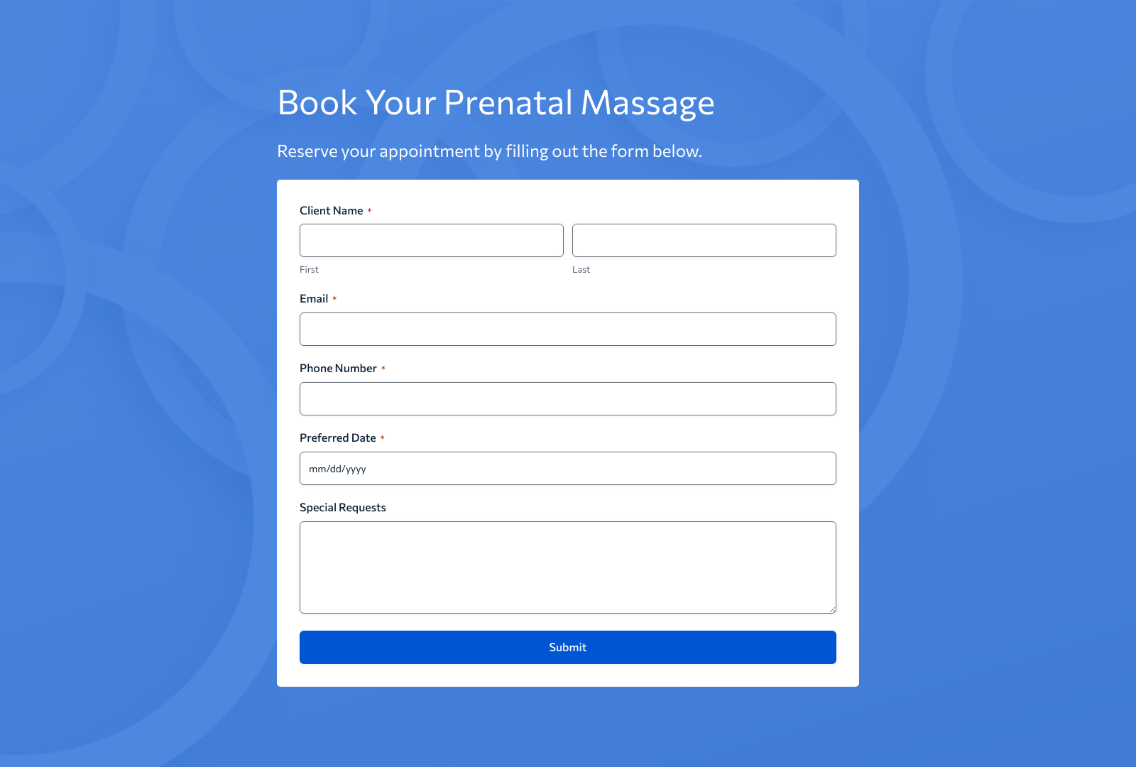 Prenatal Massage Booking Form Template with input fields, submit button, and user-friendly layout.