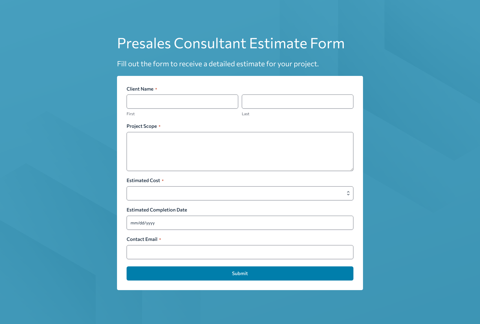Presales Consultant Estimate Form Template showing fields for client info, project details, and cost estimates.