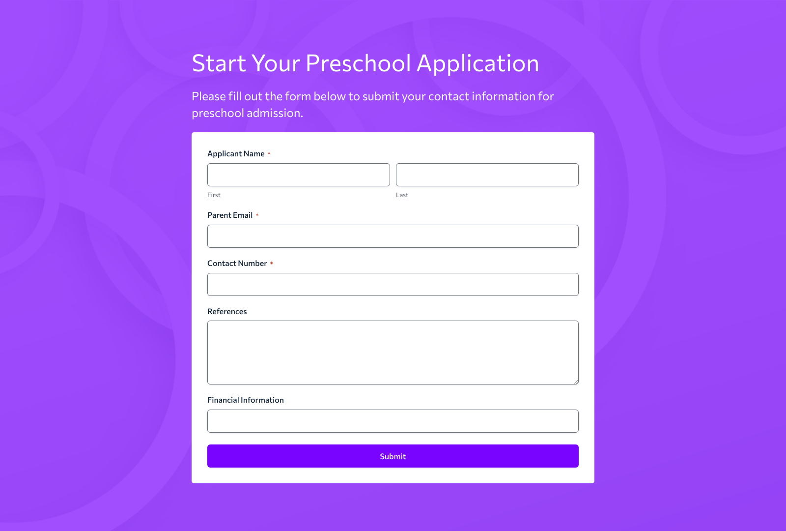 Preschool Admission Contact Form Template with fields for parent contact details and submit button.