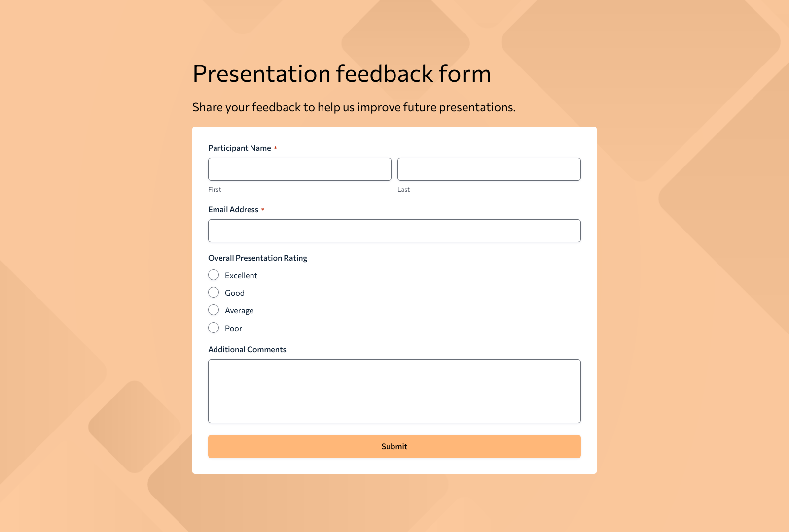Screenshot of Presentation Feedback Form Template with fields for audience feedback and submit button.