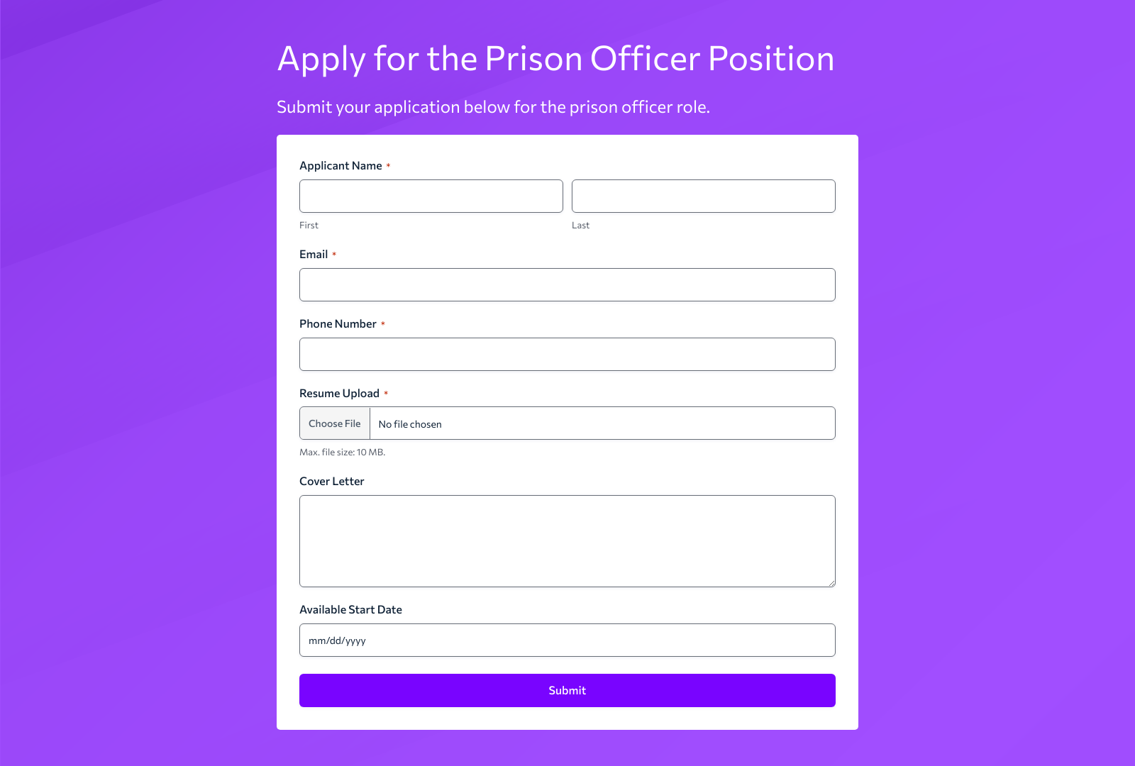 Prison Officer Job Application Form Template with fields for personal info, experience, and submit button.