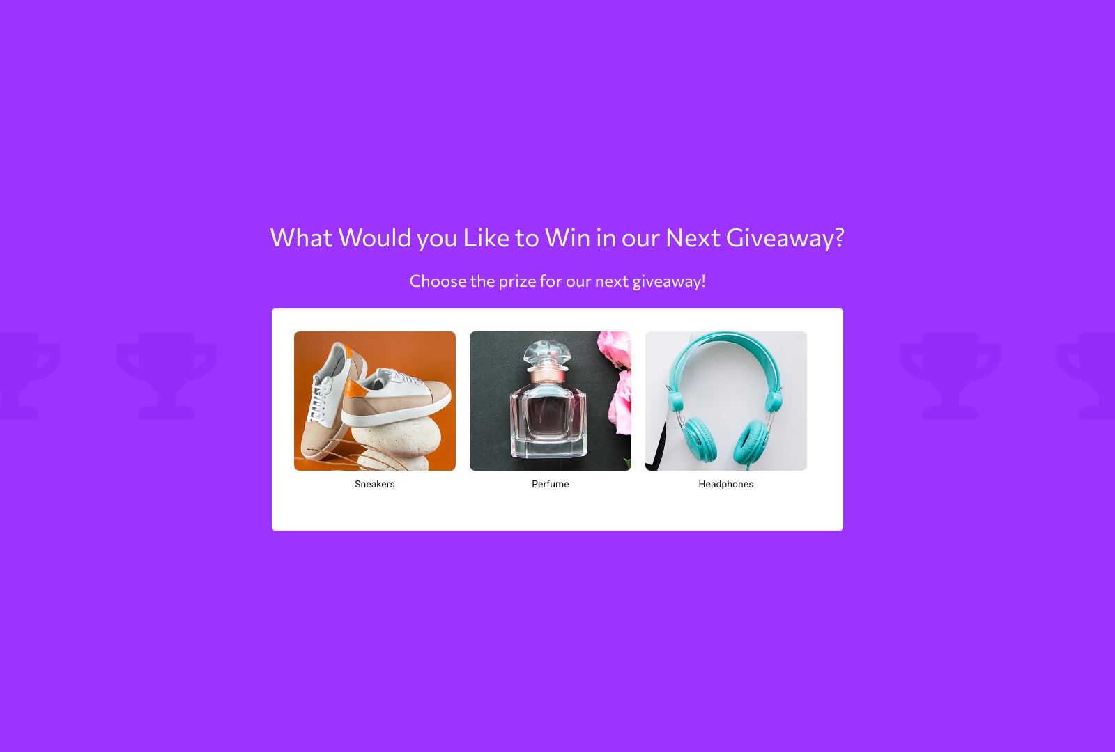 Prize Poll Template with fields for audience to choose giveaway prize and submit button.