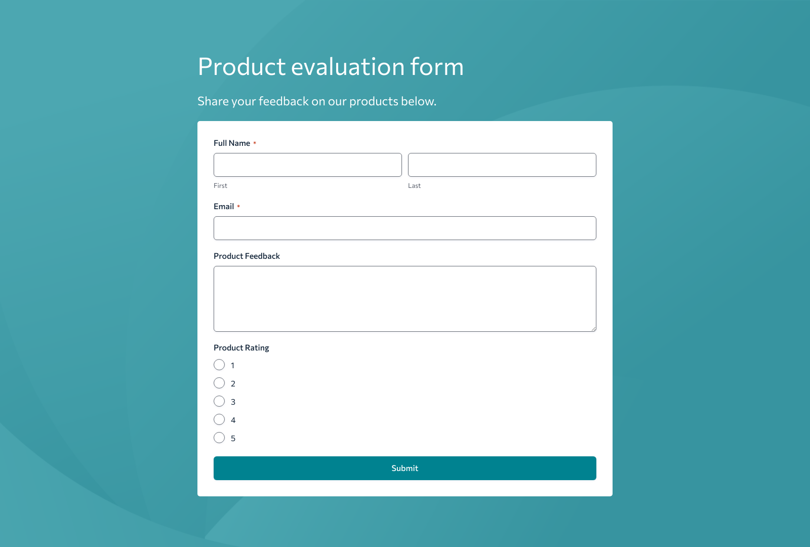 Product Evaluation Form Template showing fields for feedback, ratings, and comments.