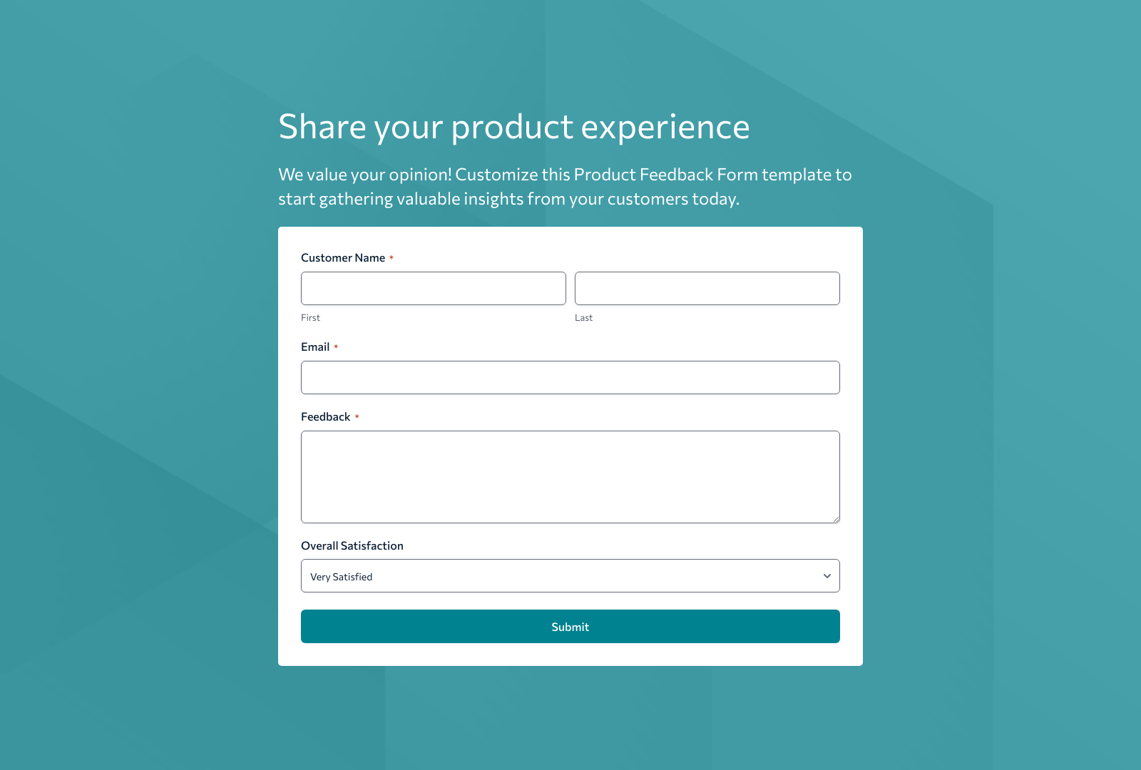 Product Feedback Form Template with fields for name, email, rating, and feedback.