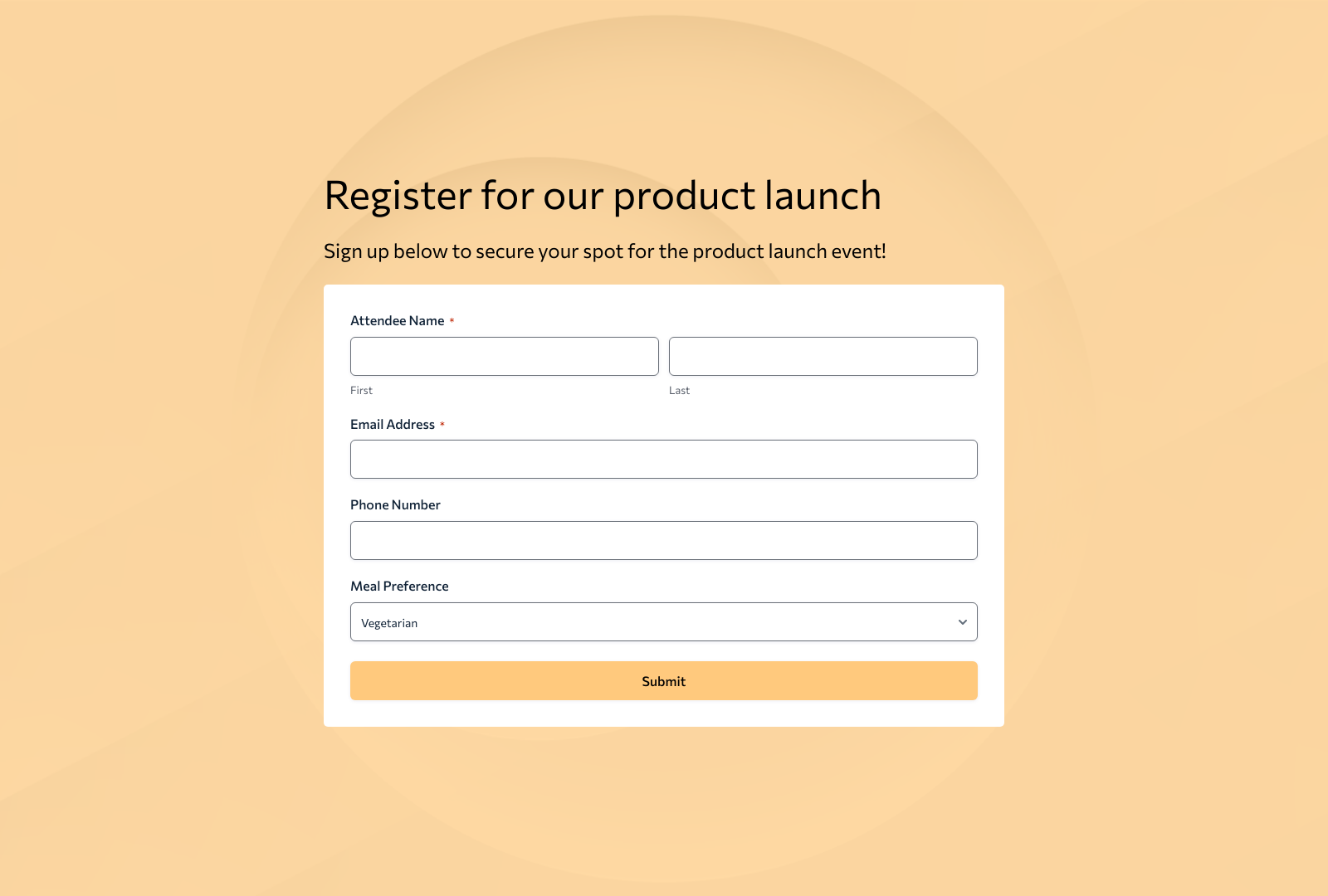 Product Launch Registration Form template with fields for attendee details and a registration button.
