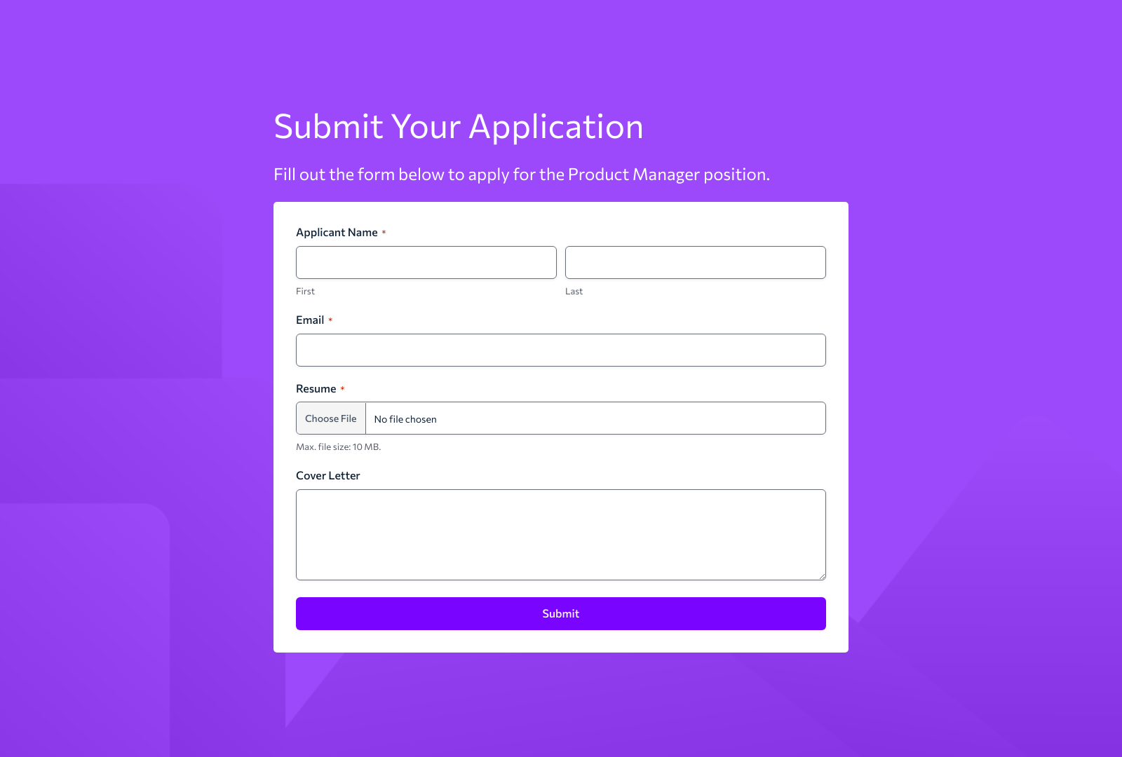 Product Manager Job Application Form Template with fields for candidate details and submission button.