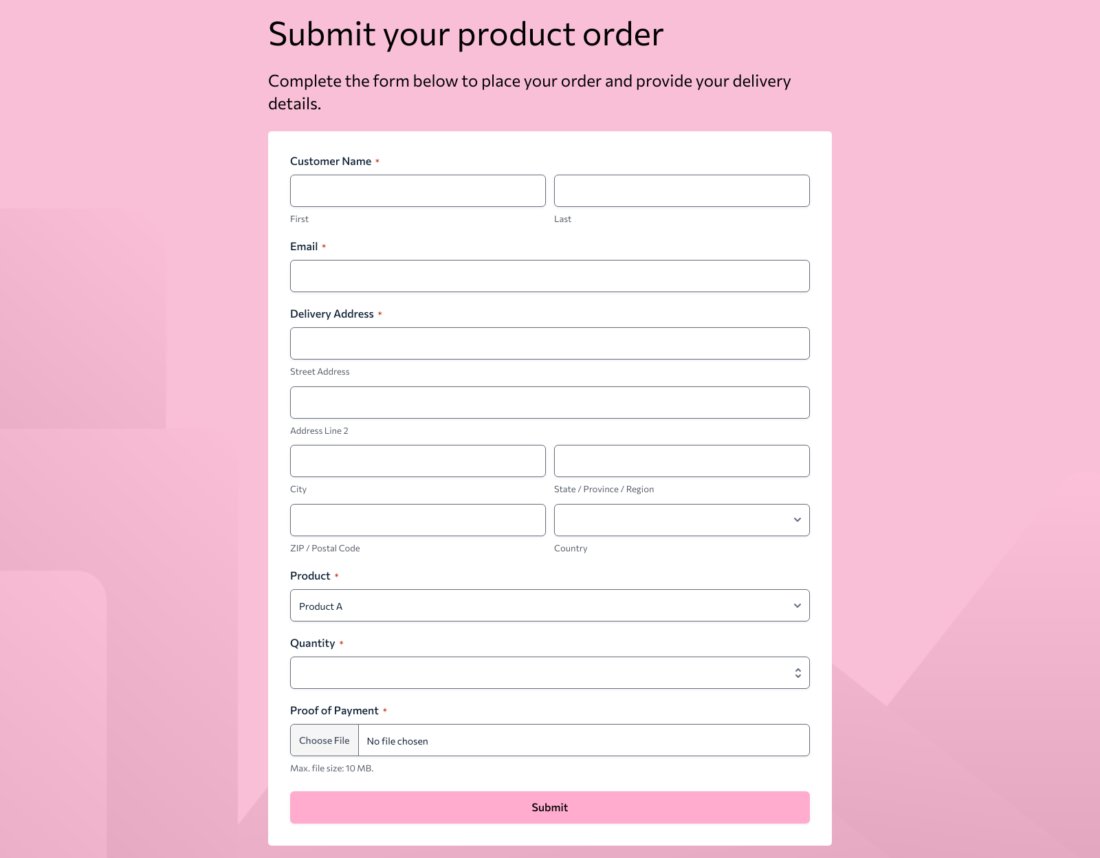 Product Purchase Form Template with fields for product details, customer info, payment, and delivery address.