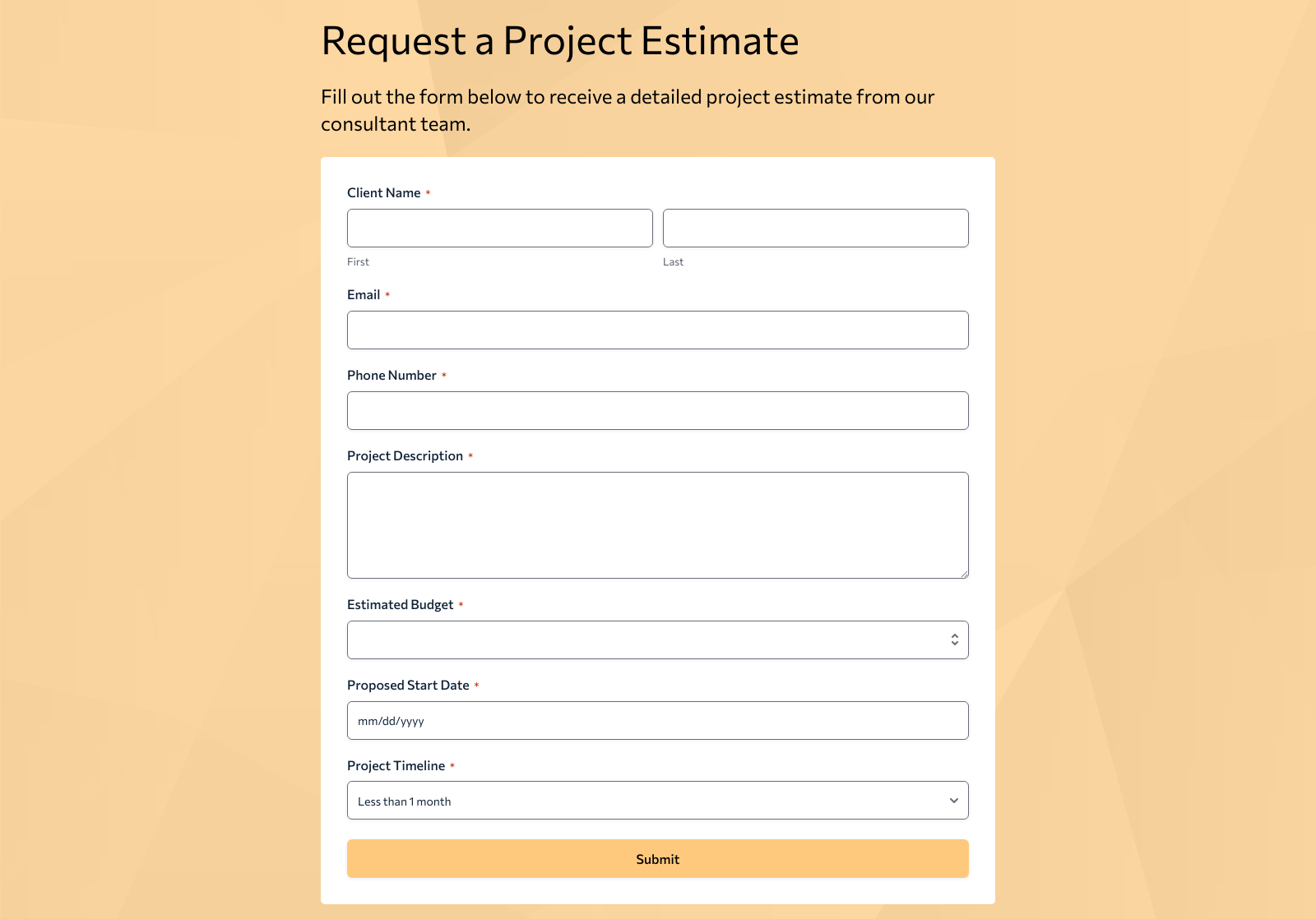 Project Consultant Estimate Form Template showing fields for project details, cost estimation, and a submit button.