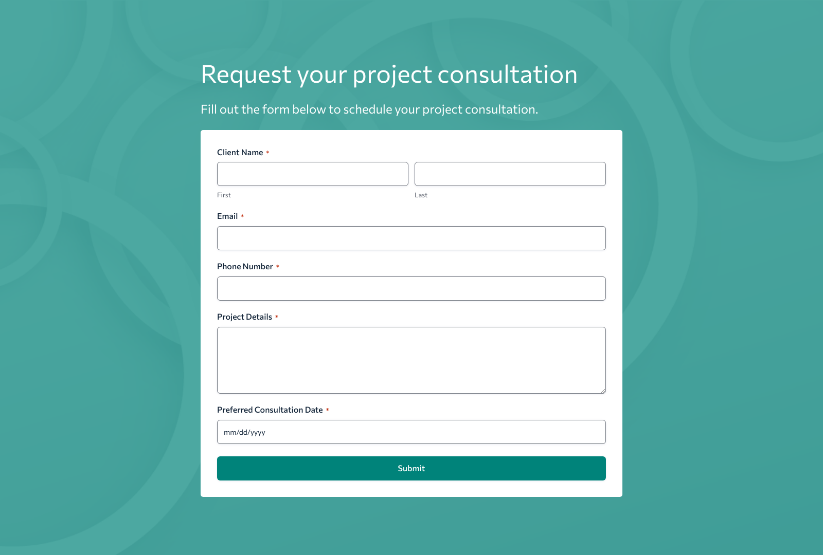 Project Management Consultation Form Template showing client detail fields and submit button.