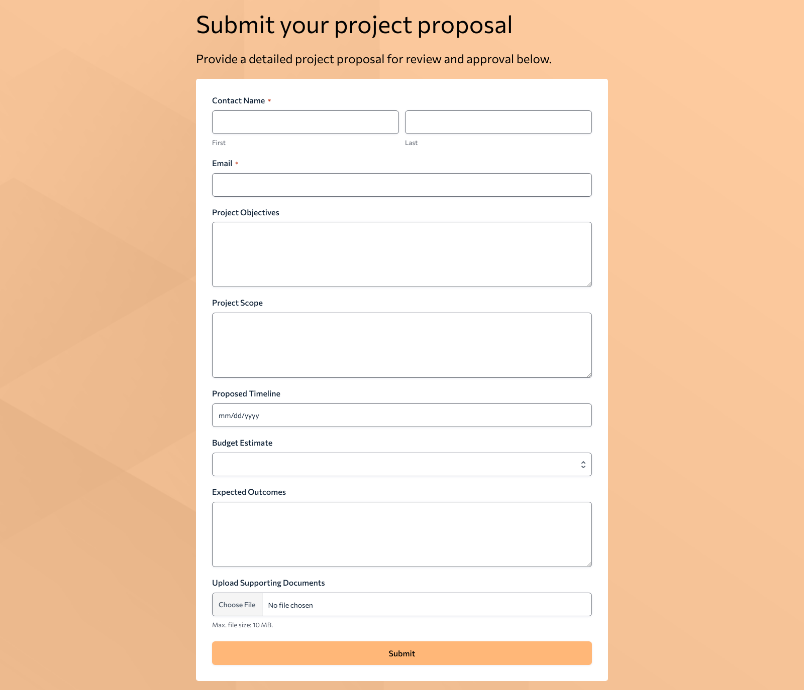 Project Proposal Form Template with fields for objectives, scope, and budget, featuring organized layout and submit button.