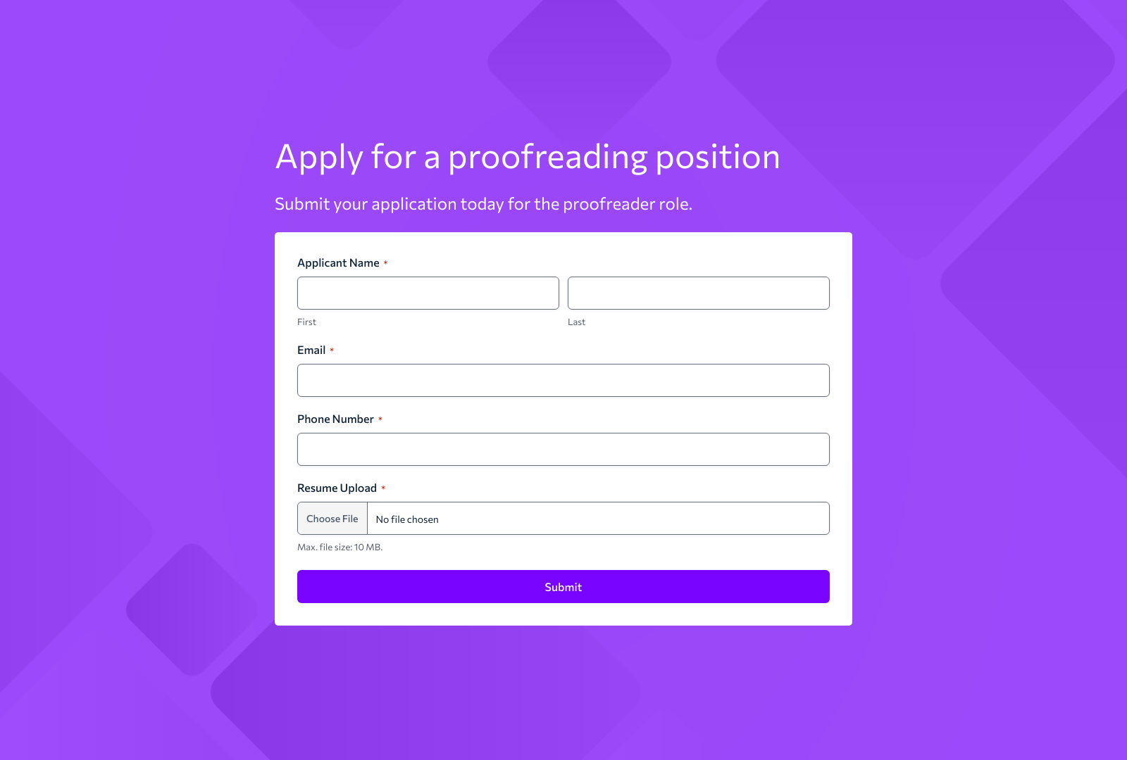 Proofreader Job Application Form Template with fields for name, email, resume upload, and submit button.