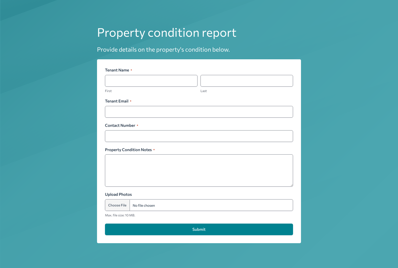 Property Condition Report Form Template with fields for tenant info, buttons for submission, and organized layout.