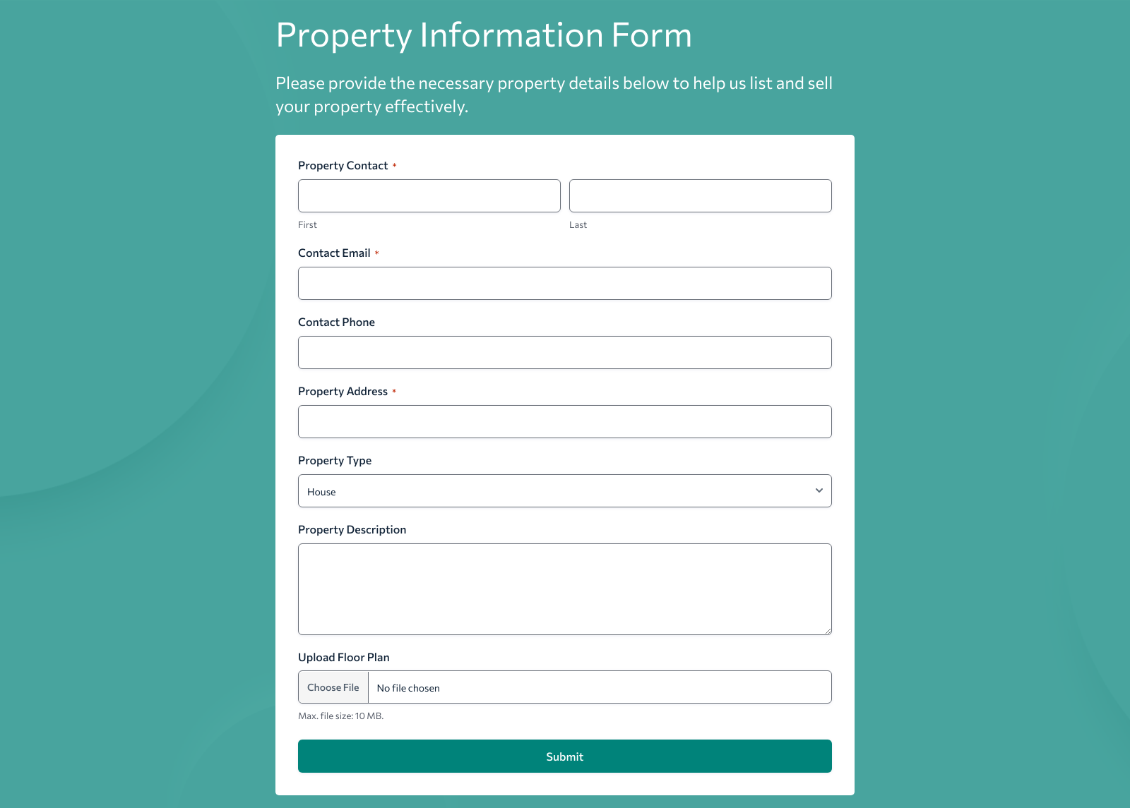 Screenshot of Property Information Form Template with fields for property details and submission button.