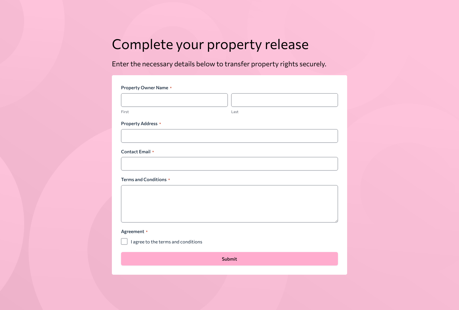 Property Release Form Template with fields for property details, owner information, and signature.