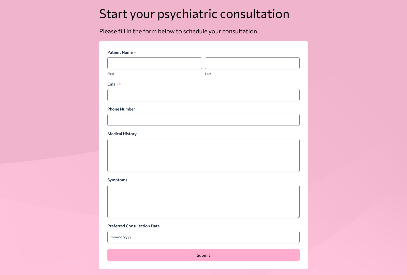 Psychiatric Consultation Form Template with fields for patient details and submit button.