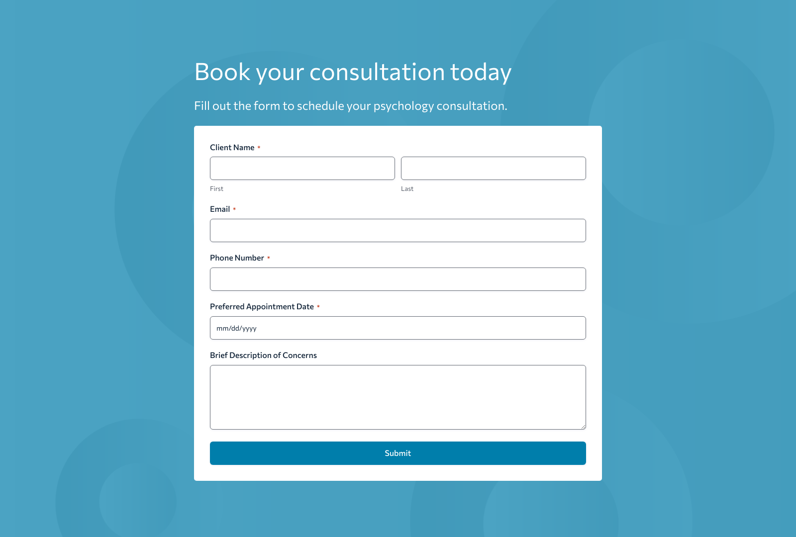 Psychology Consultation Form Template with fields for client details and appointment scheduling.