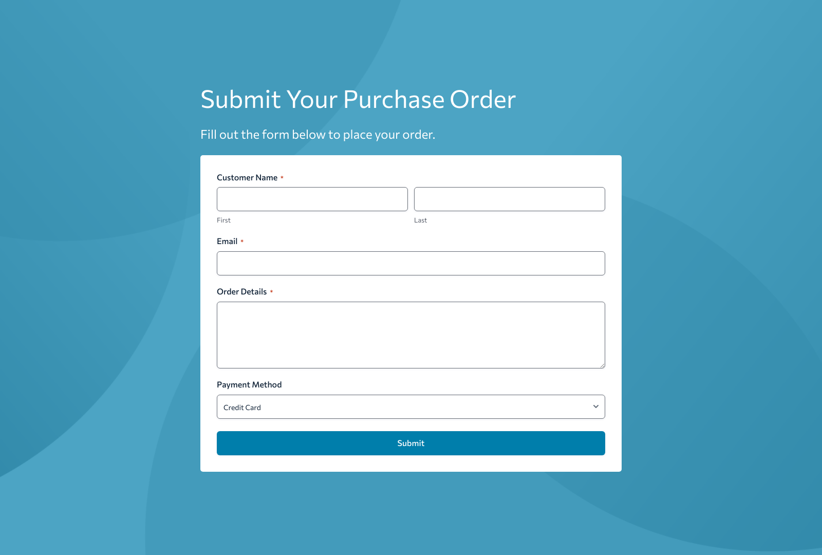 Purchase Order Form Template with fields for item details and customer info, submit button, and clean layout.