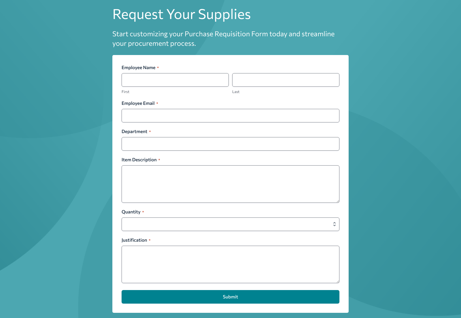 Purchase Requisition Form Template with fields for item details, quantity, and approval buttons.