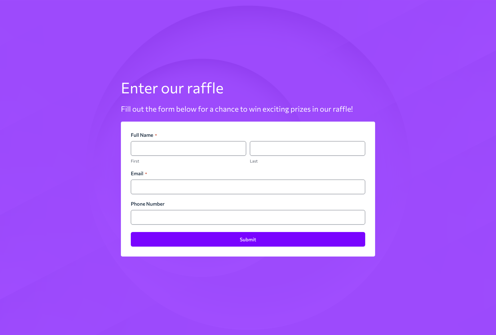 Raffle Entry Form Template showing fields for name, email, and submit button.