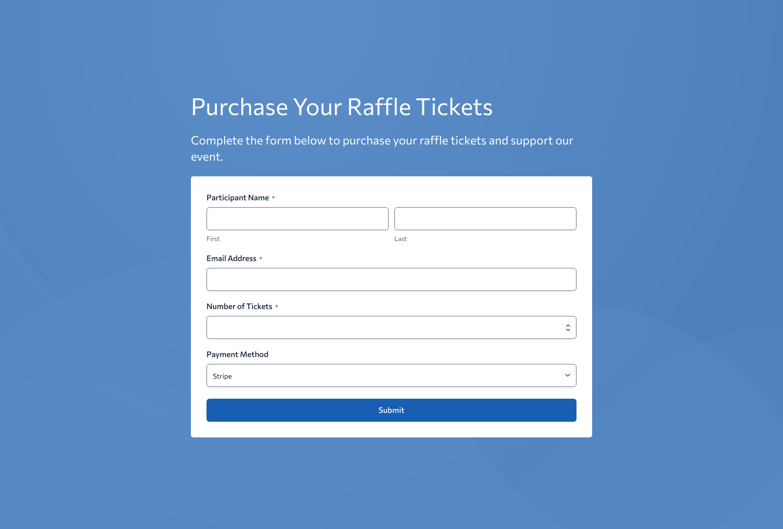 Raffle Ticket Form Template showing fields for name, email, ticket quantity, and payment options.