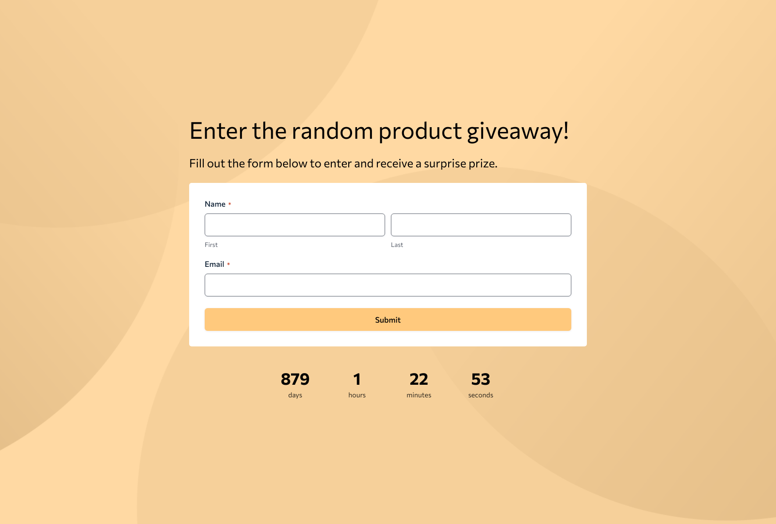 Screenshot of Random Product Giveaway Template showing form fields and submit button.