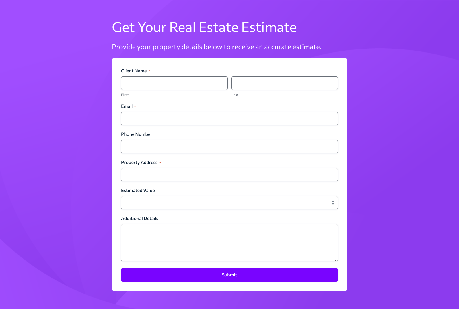 Real Estate Estimate Form Template with fields for property details and submit button.