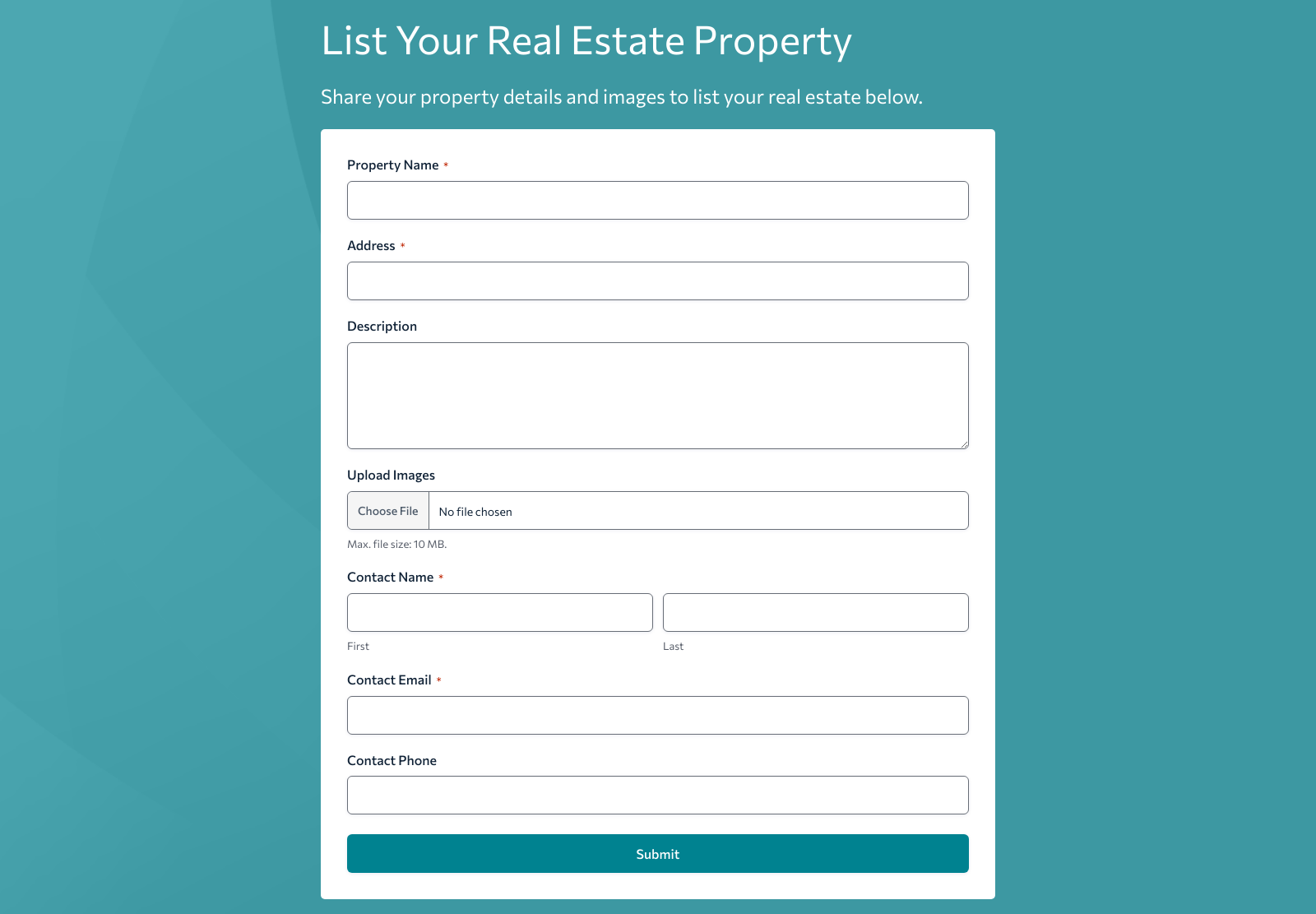 Real Estate Listing Form Template with fields for property details, images, and contact information.
