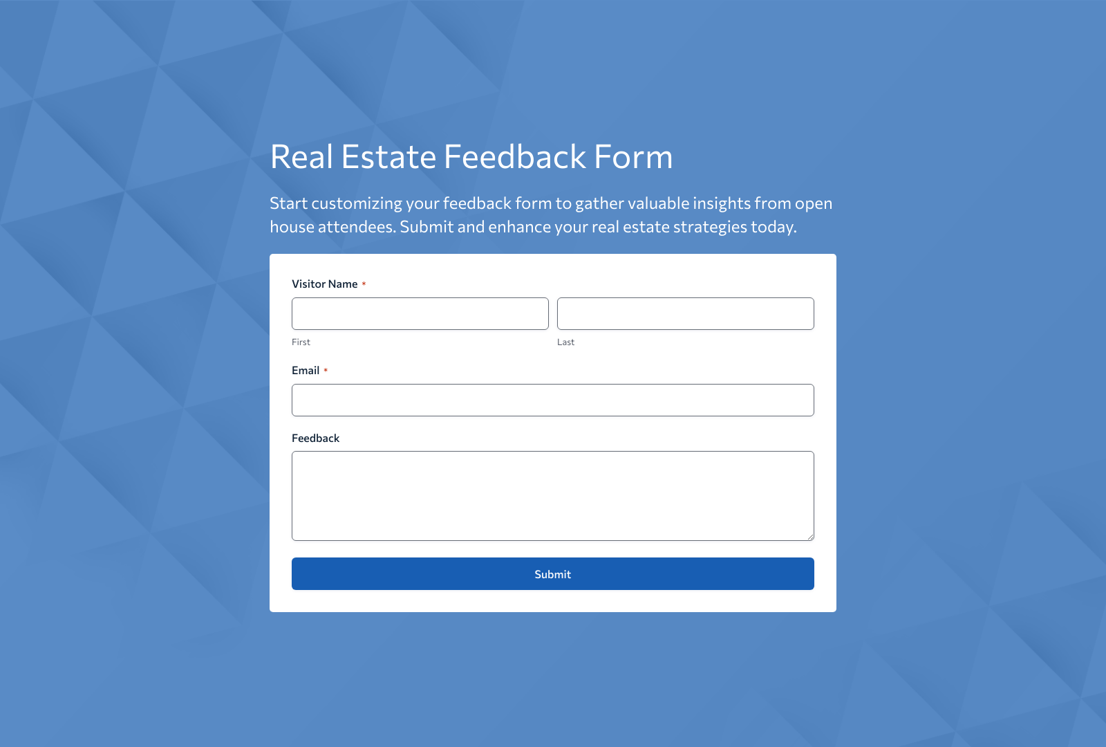 Real Estate Open House Feedback Form Template with fields for attendee feedback and submit button.